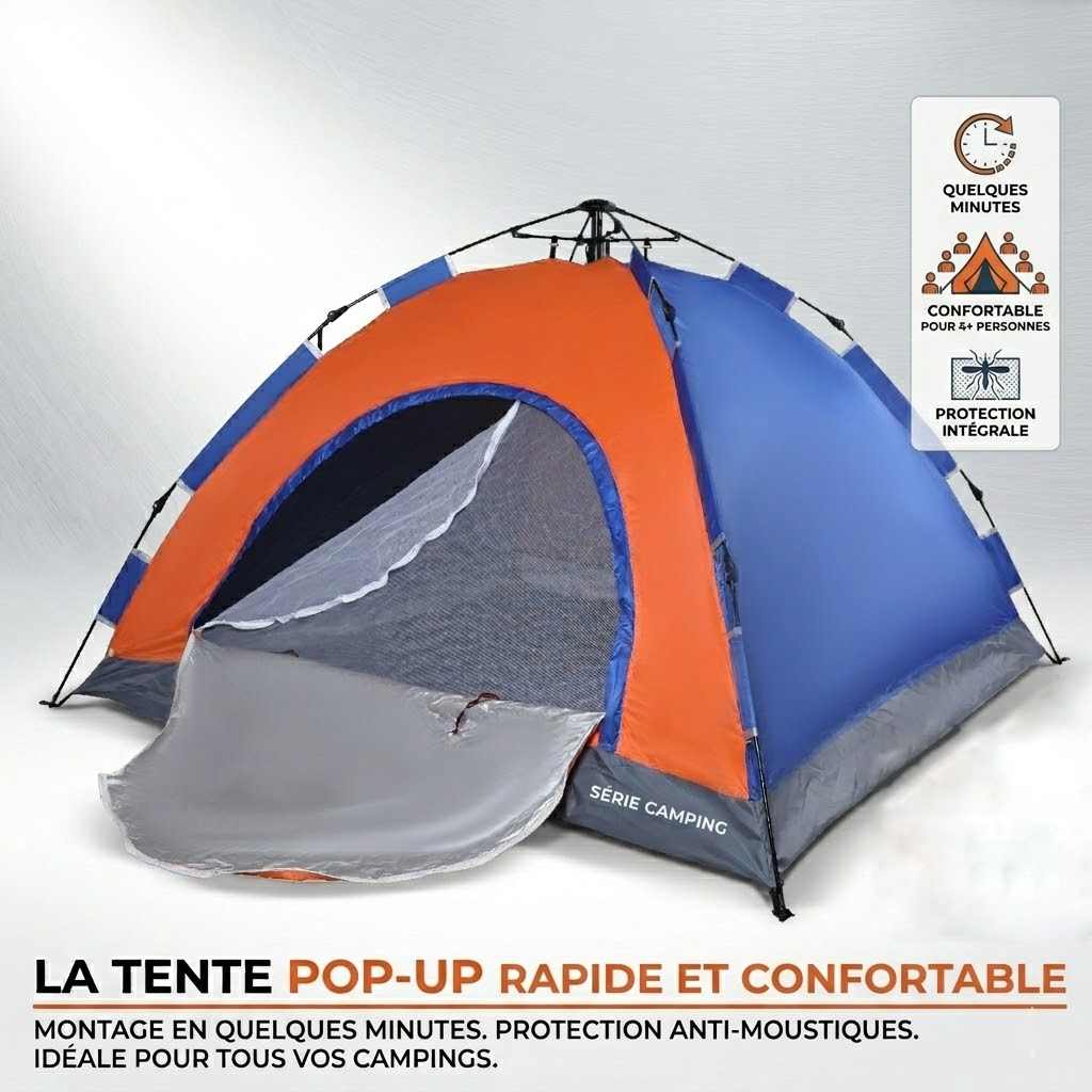 Tente Automatique 4 Places – 2 x 2 x 1,50 m – Tente Portable avec Sac de Transport - Orange & Bleu