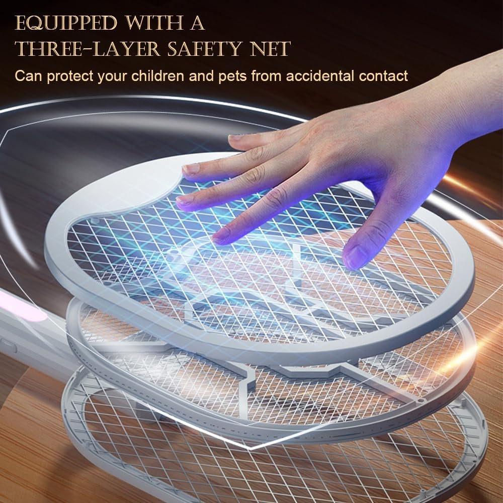 Raquette Électrique Anti-Moustiques Rechargeable 3 en 1 - Blanc– USB Type-C – Pliable avec Lampe UV