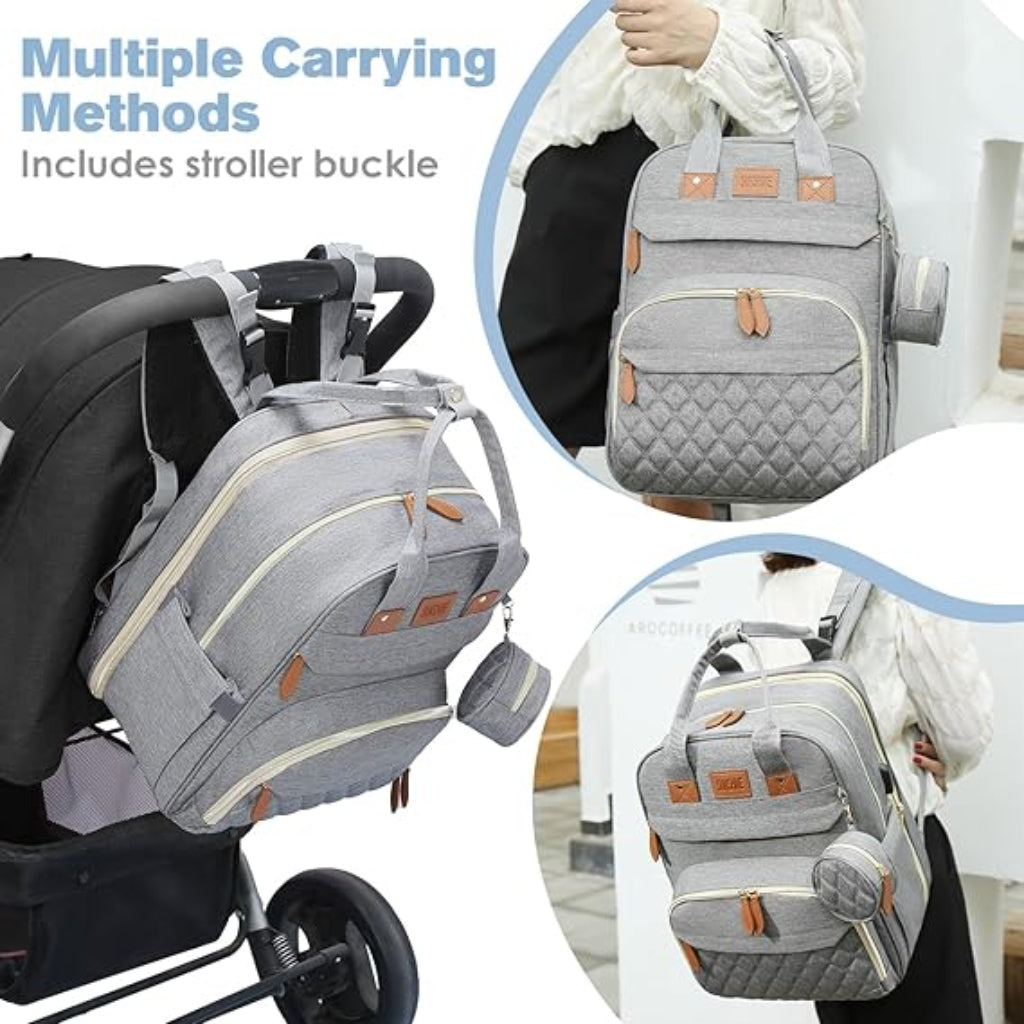 Sac à Dos de Maternité Multifonction avec Lit Pliable – Grande Capacité, USB & Poches Isothermes - Gris