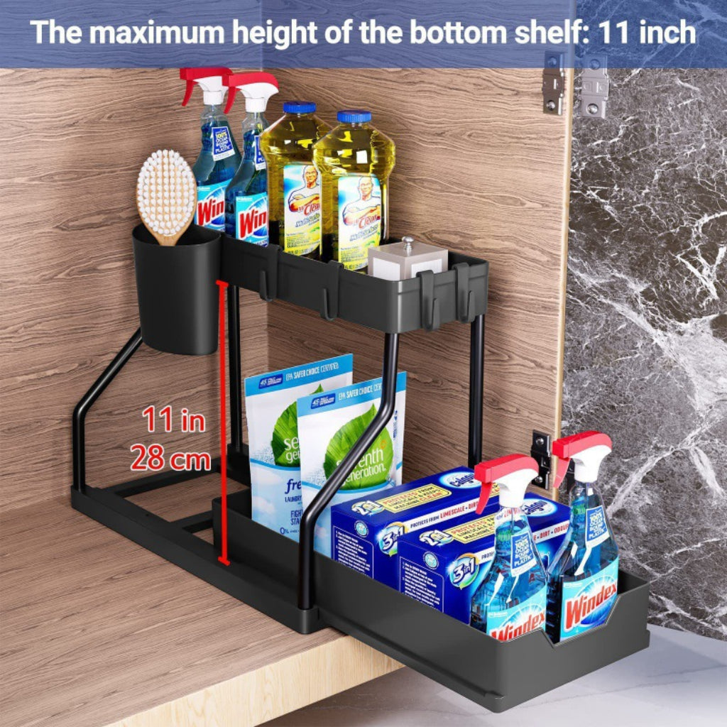 Organisateur de Rangement Multifonction 2 Niveaux – Support Polyvalent avec Crochets et Porte-Ustensiles – Noir