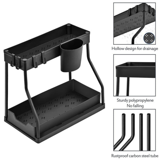 Organisateur de Rangement Multifonction 2 Niveaux – Support Polyvalent avec Crochets et Porte-Ustensiles – Noir