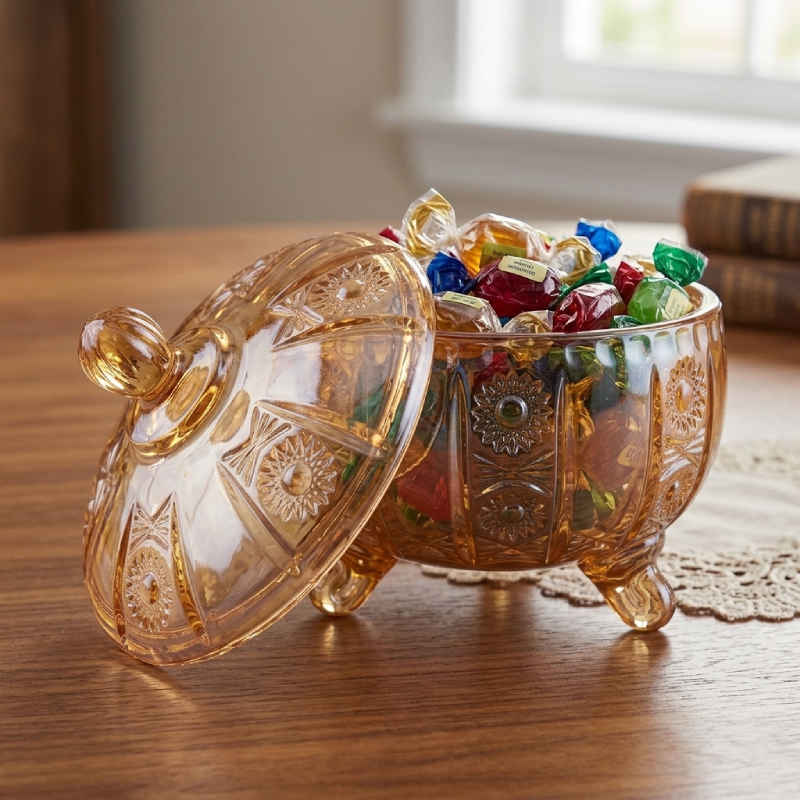 Bol à bonbons en verre ambré avec couvercle