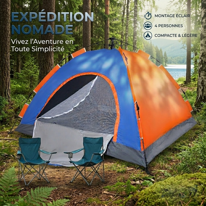 Tente Automatique 4 Places – 2 x 2 x 1,50 m – Tente Portable avec Sac de Transport - Bleu & Orange