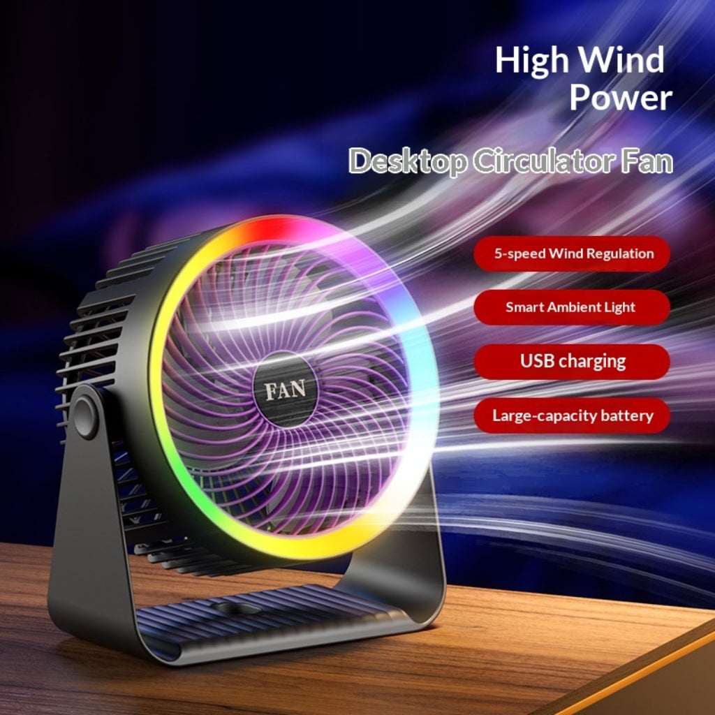Ventilateur Portable Rechargeable LED RGB – 5 Vitesses – USB Rechargeable