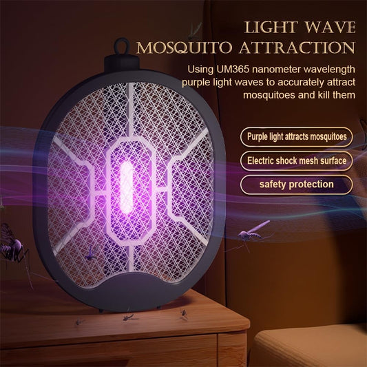 Raquette Électrique Anti-Moustiques Rechargeable 3 en 1 - Noir – USB Type-C – Pliable avec Lampe UV