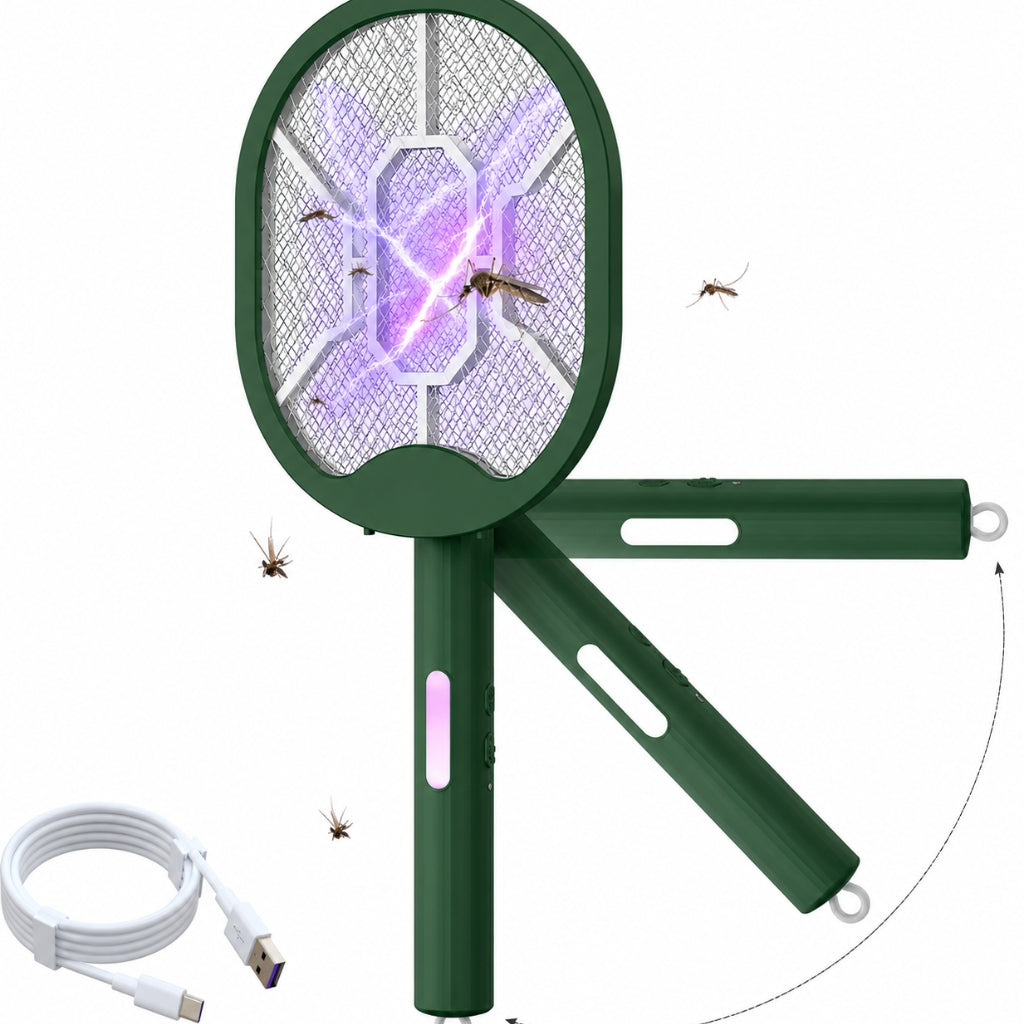 Raquette Électrique Anti-Moustiques Rechargeable 3 en 1 - Vert – USB Type-C – Pliable avec Lampe UV