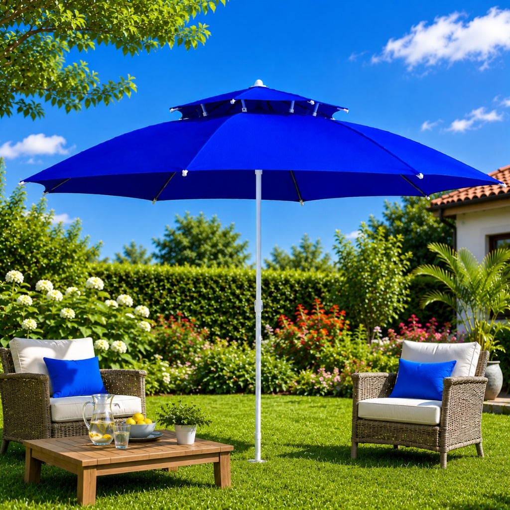 Parasol Extérieur Rond 3 m Double Toit – Hauteur Réglable – Aluminium & Polyester - Bleu