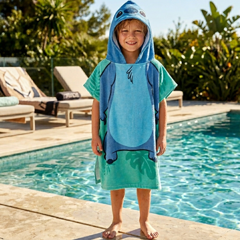 Serviette Poncho Enfant à Capuche Motif Stitch –  Standard (2 à 8 ans) - Vert Design Aléatoire