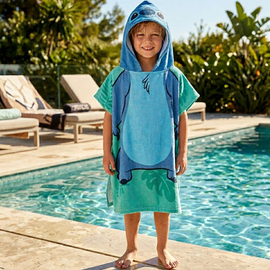 Serviette Poncho Enfant à Capuche Motif Stitch –  Standard (2 à 8 ans) - Vert Design Aléatoire