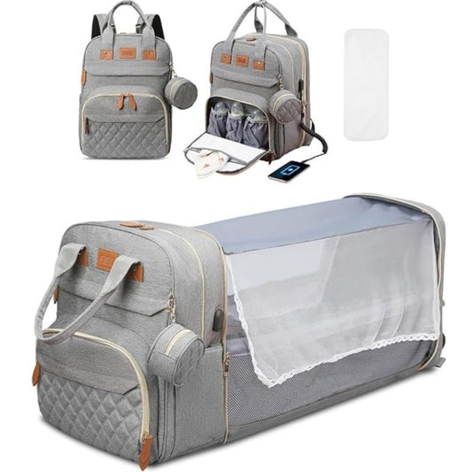 Sac à Dos de Maternité Multifonction avec Lit Pliable – Grande Capacité, USB & Poches Isothermes - Gris