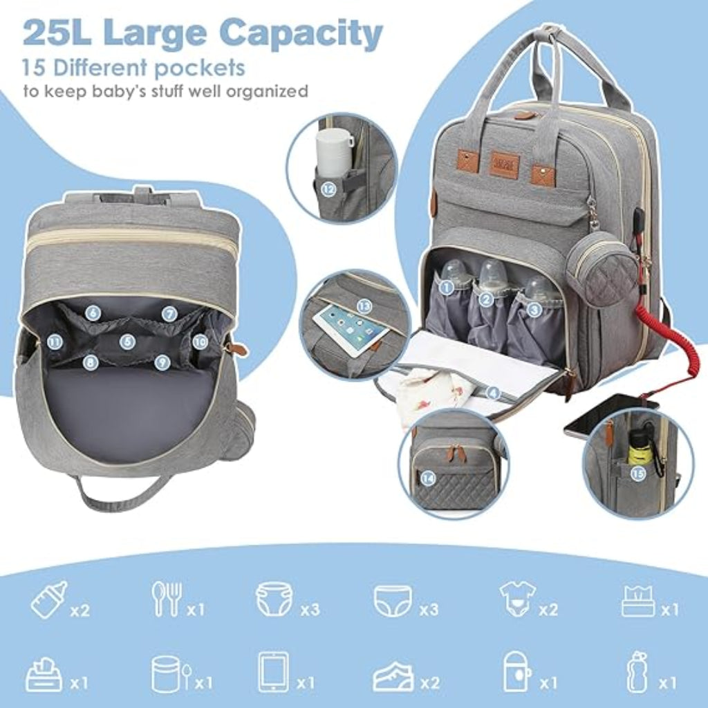 Sac à Dos de Maternité Multifonction avec Lit Pliable – Grande Capacité, USB & Poches Isothermes - Gris