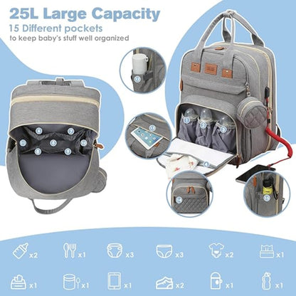 Sac à Dos de Maternité Multifonction avec Lit Pliable – Grande Capacité, USB & Poches Isothermes - Gris