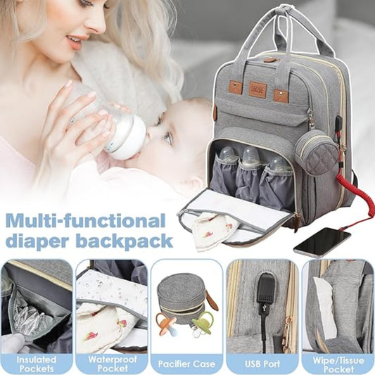 Sac à Dos de Maternité Multifonction avec Lit Pliable – Grande Capacité, USB & Poches Isothermes - Gris