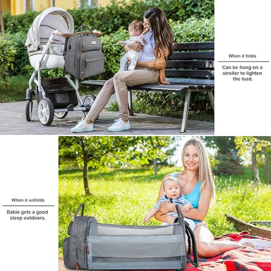 Sac à Dos de Maternité Multifonction avec Lit Pliable – Grande Capacité, USB & Poches Isothermes - Gris Charbon