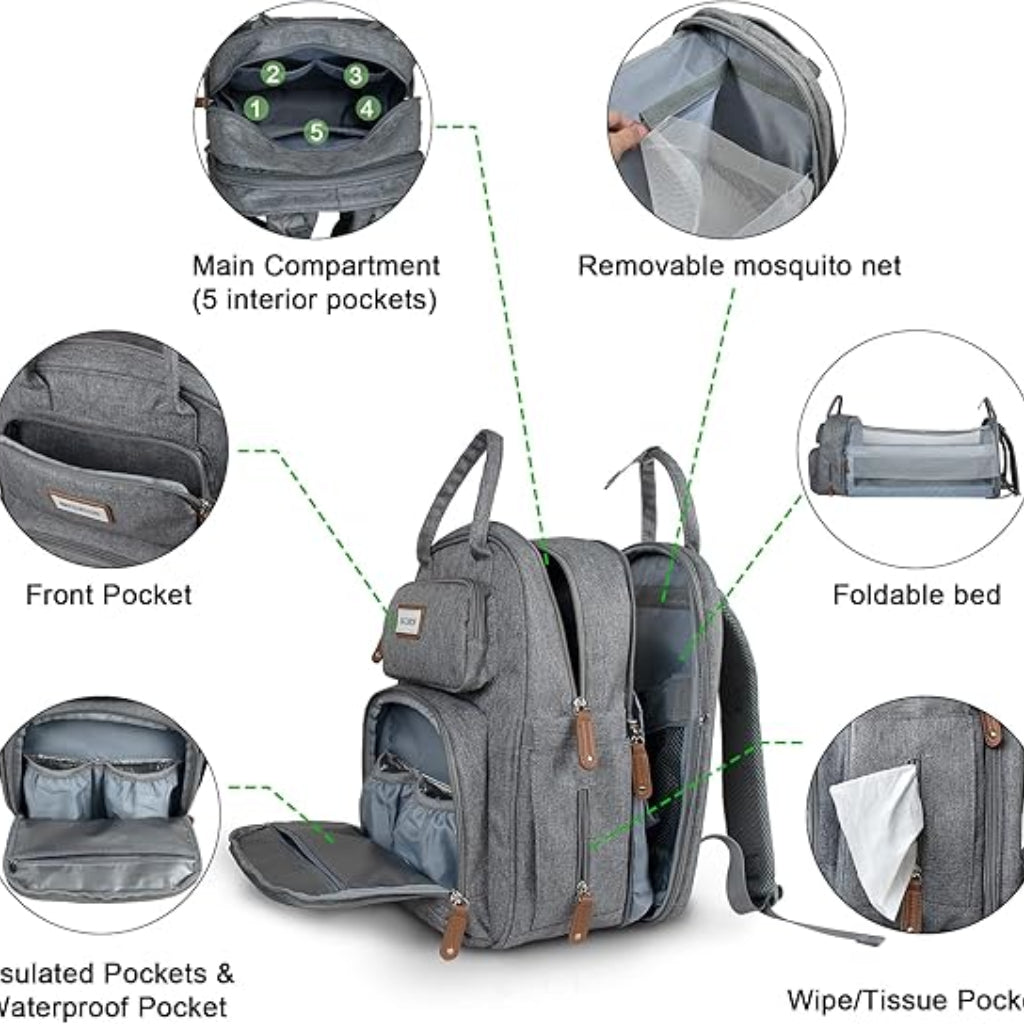 Sac à Dos de Maternité Multifonction avec Lit Pliable – Grande Capacité, USB & Poches Isothermes - Gris Charbon
