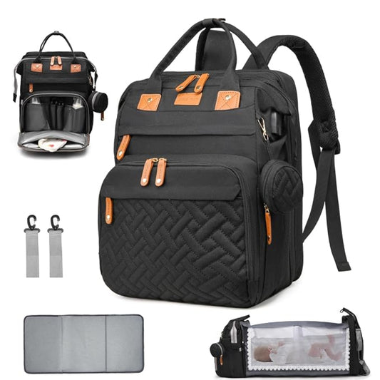 Sac à Dos de Maternité Multifonction avec Lit Pliable – Grande Capacité, USB & Poches Isothermes - Noir