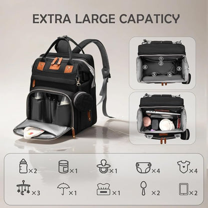 Sac à Dos de Maternité Multifonction avec Lit Pliable – Grande Capacité, USB & Poches Isothermes - Noir
