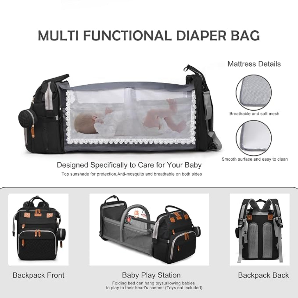 Sac à Dos de Maternité Multifonction avec Lit Pliable – Grande Capacité, USB & Poches Isothermes - Noir