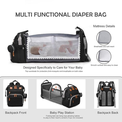 Sac à Dos de Maternité Multifonction avec Lit Pliable – Grande Capacité, USB & Poches Isothermes - Noir