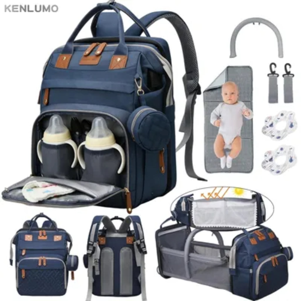 Sac à Dos de Maternité Multifonction avec Lit Pliable – Grande Capacité, USB & Poches Isothermes - Bleu