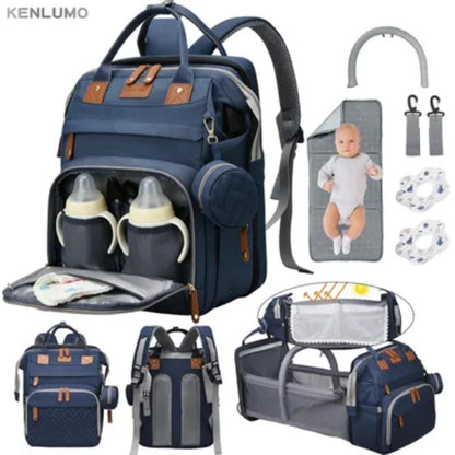 Sac à Dos de Maternité Multifonction avec Lit Pliable – Grande Capacité, USB & Poches Isothermes - Bleu