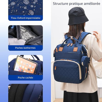 Sac à Dos de Maternité Multifonction avec Lit Pliable – Grande Capacité, USB & Poches Isothermes - Bleu