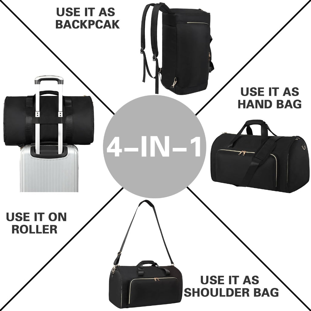 Sac de Voyage 4-en-1 Multifonction – Sac à Vêtements Convertible Imperméable - Noir
