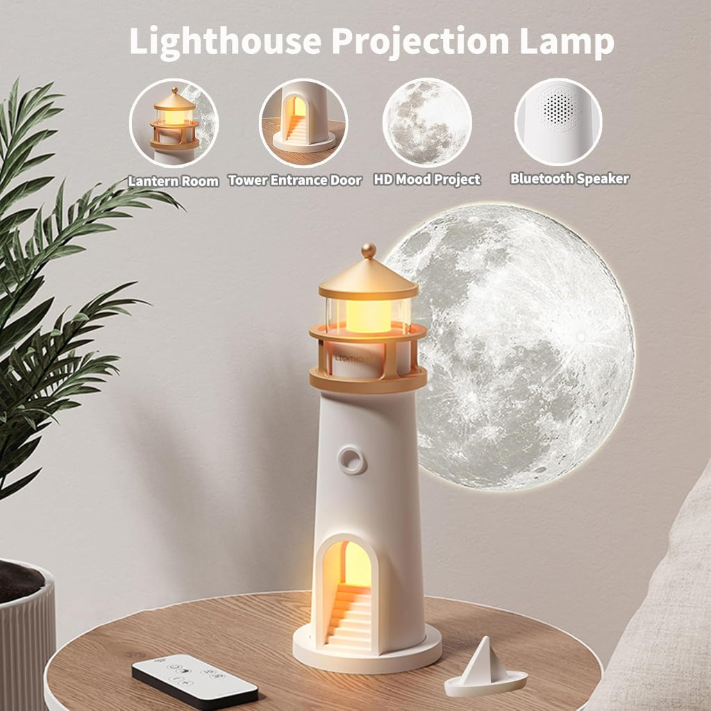 Lampe Phare avec Projection Lune LED et Haut-Parleur Bluetooth – Rechargeable - 3 Niveaux avec Télécommande et Minuterie