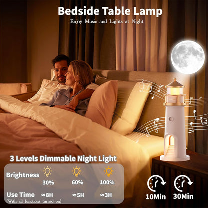 Lampe Phare avec Projection Lune LED et Haut-Parleur Bluetooth – Rechargeable - 3 Niveaux avec Télécommande et Minuterie