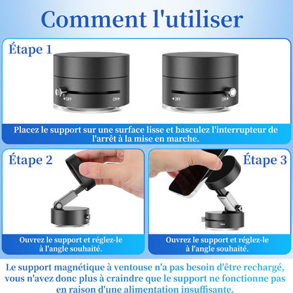 Support Magnétique Pliable à Ventouse Haute Élasticité pour Téléphone – Rotation Flexible et Fixation Stable - Noir