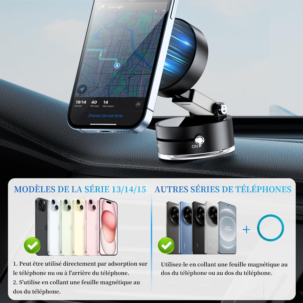Support Magnétique Pliable à Ventouse Haute Élasticité pour Téléphone – Rotation Flexible et Fixation Stable - Noir