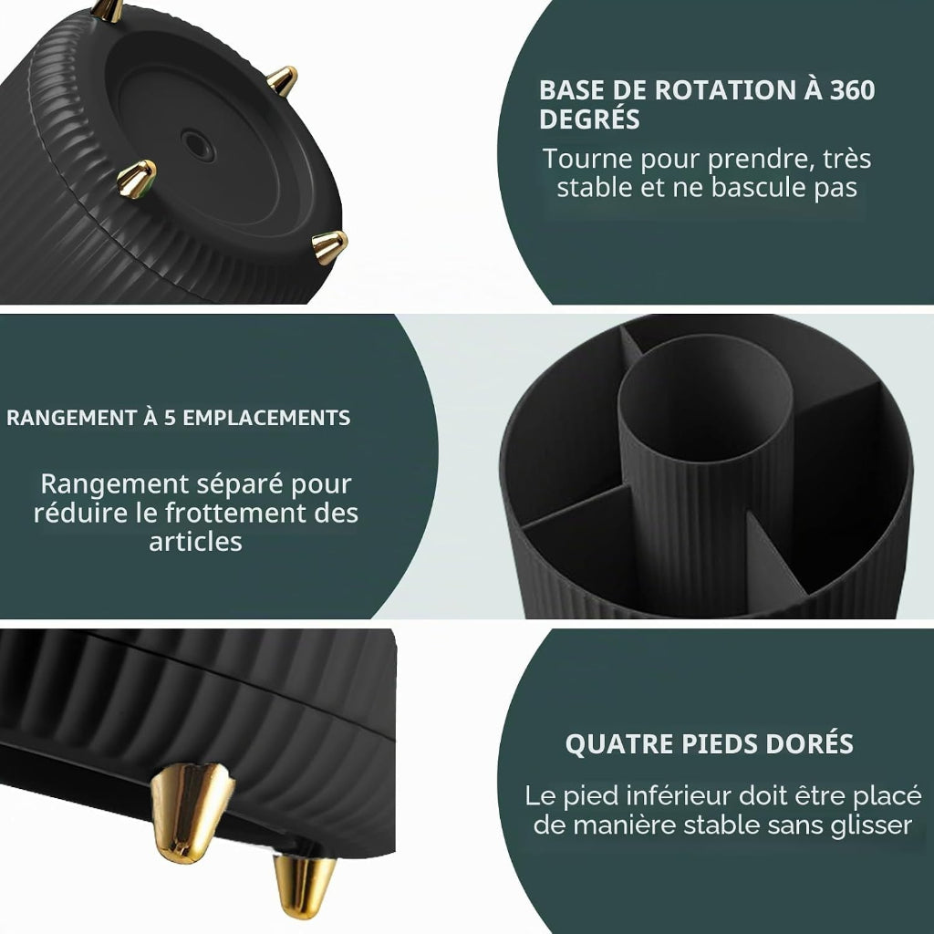 Organisateur de Maquillage Rotatif 360° –  5 Compartiments – Noir