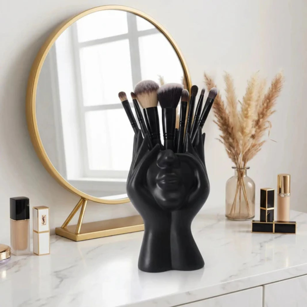 Pot à Pinceaux de Maquillage Design Visage – Organisateur de Bureau Multifonction Noir