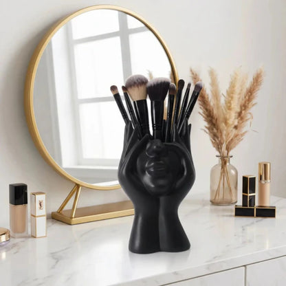 Pot à Pinceaux de Maquillage Design Visage – Organisateur de Bureau Multifonction Noir
