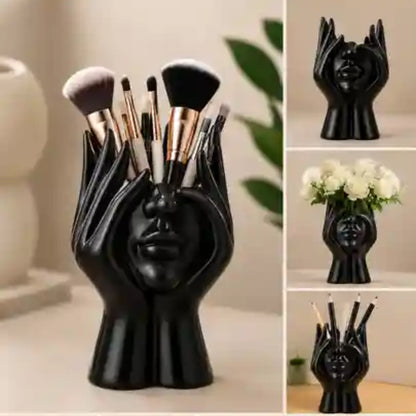 Pot à Pinceaux de Maquillage Design Visage – Organisateur de Bureau Multifonction Noir