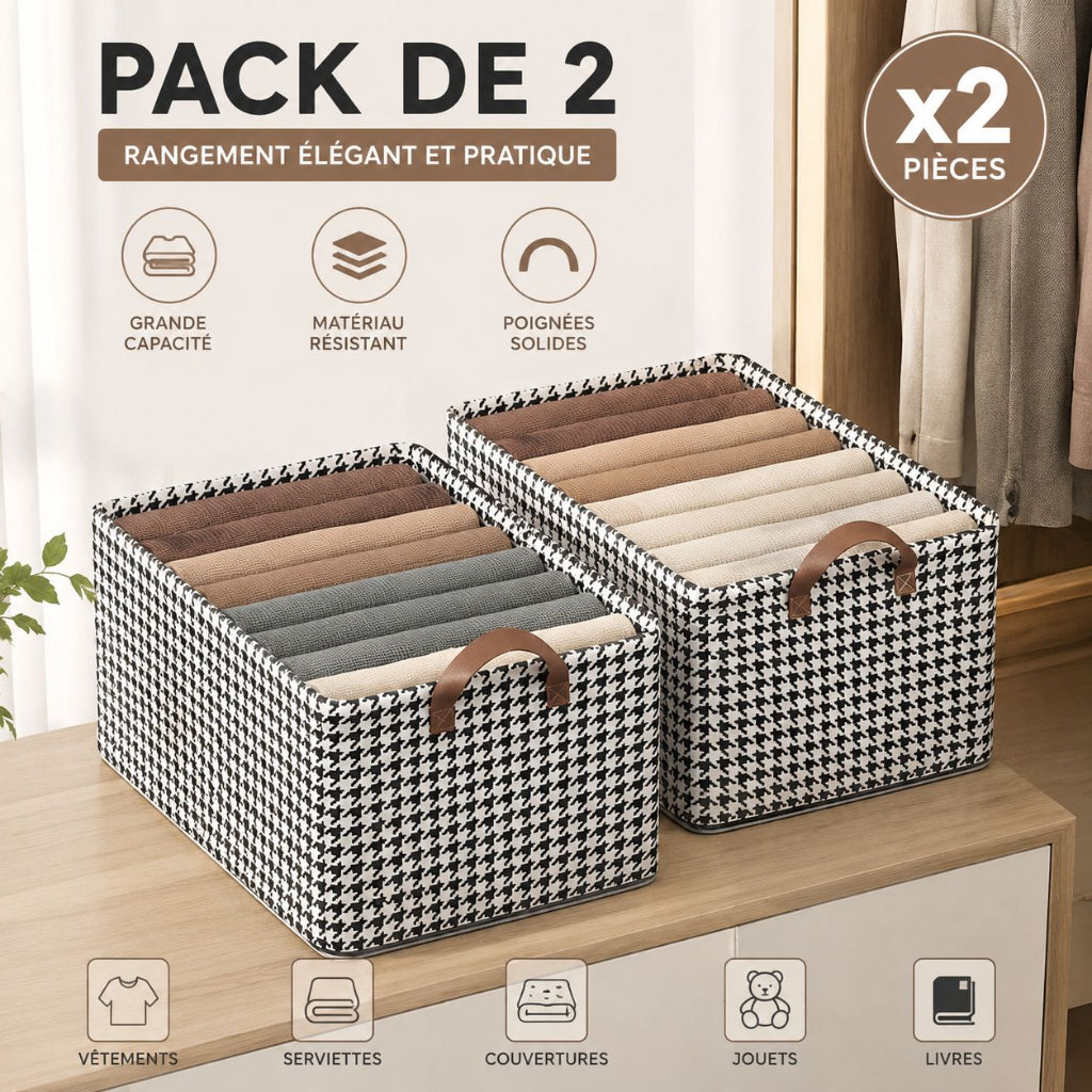 Pack de 2 Paniers de Rangement Pliables Noir et Blanc 47 × 28 × 19 cm – Paniers à Linge Multifonctions