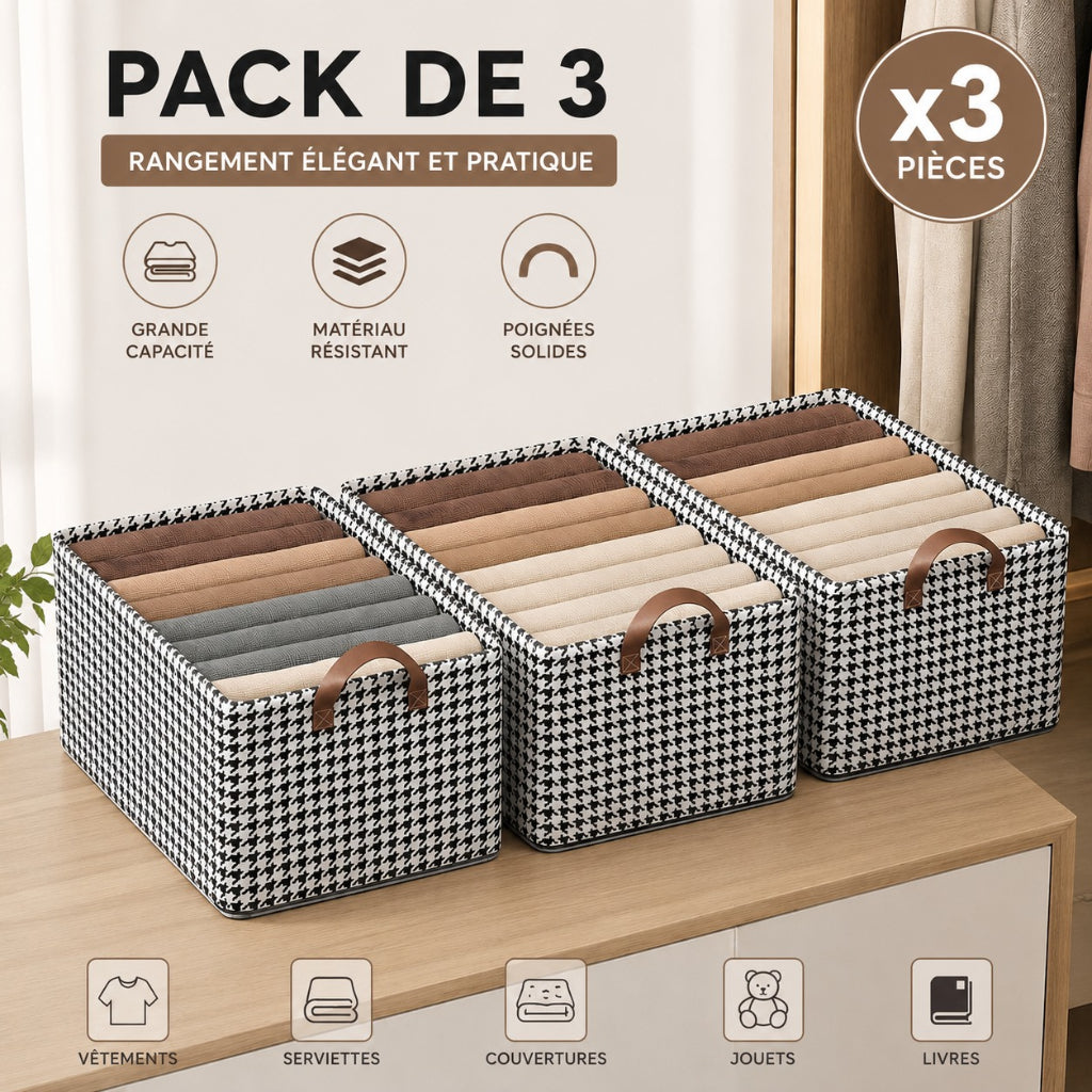 Pack de 3 Paniers de Rangement Pliables Noir et Blanc 47 × 28 × 19 cm – Paniers à Linge Multifonctions