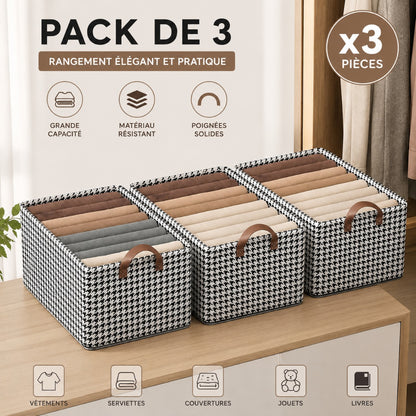 Pack de 3 Paniers de Rangement Pliables Noir et Blanc 47 × 28 × 19 cm – Paniers à Linge Multifonctions