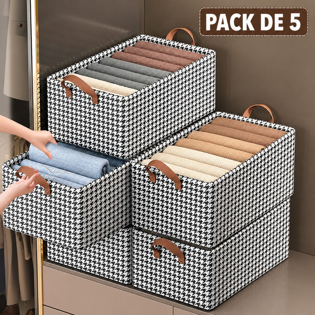 Pack de 5 Paniers de Rangement Pliables Noir et Blanc 47 × 28 × 19 cm – Paniers à Linge Multifonctions