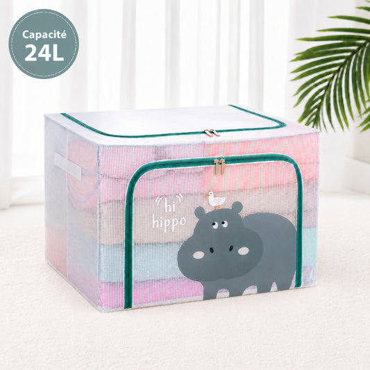 Boîte de Rangement Pliable Motif Hippopotame – 24L avec Double Fermeture