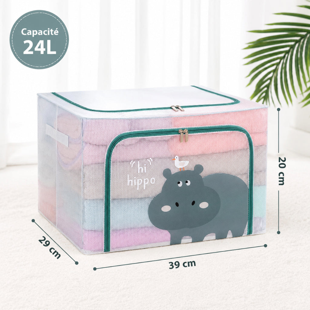 Boîte de Rangement Pliable 24 L 39 × 29 × 20 cm –Double Fermeture - Motif Hippopotame imprimé