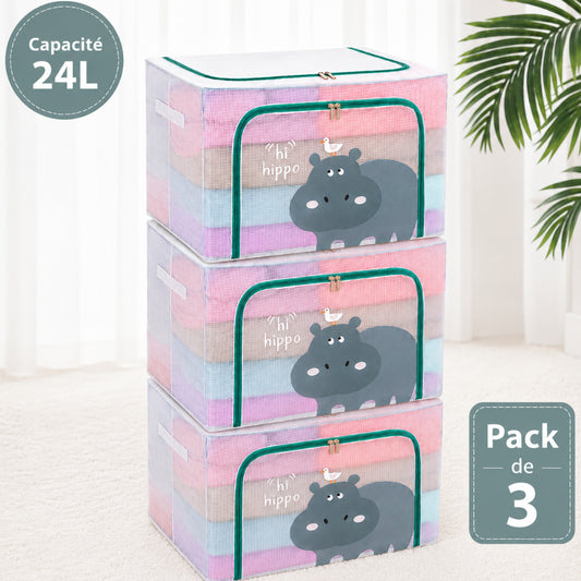 Pack de 3 Boîtes de Rangement Pliable 24 L 39 × 29 × 20 cm –Double Fermeture - Motif Hippopotame imprimé