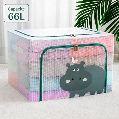 Pack de 3 Boîtes de Rangement Pliables 66 L66 L 50 x40 x 33cm – Motif Hippopotame Imprimé – Double Fermeture