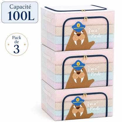 Pack de 3 Boîtes de Rangement Pliables 100L 60x40 x 40cm – Motif I'm a Pirate Imprimé – Double Fermeture