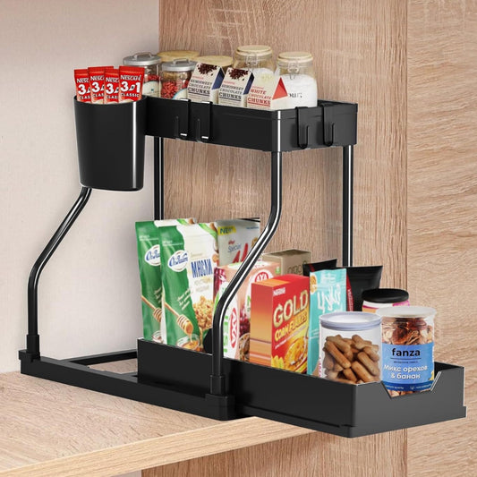 Organisateur de Rangement Multifonction 2 Niveaux – Support Polyvalent avec Crochets et Porte-Ustensiles – Noir