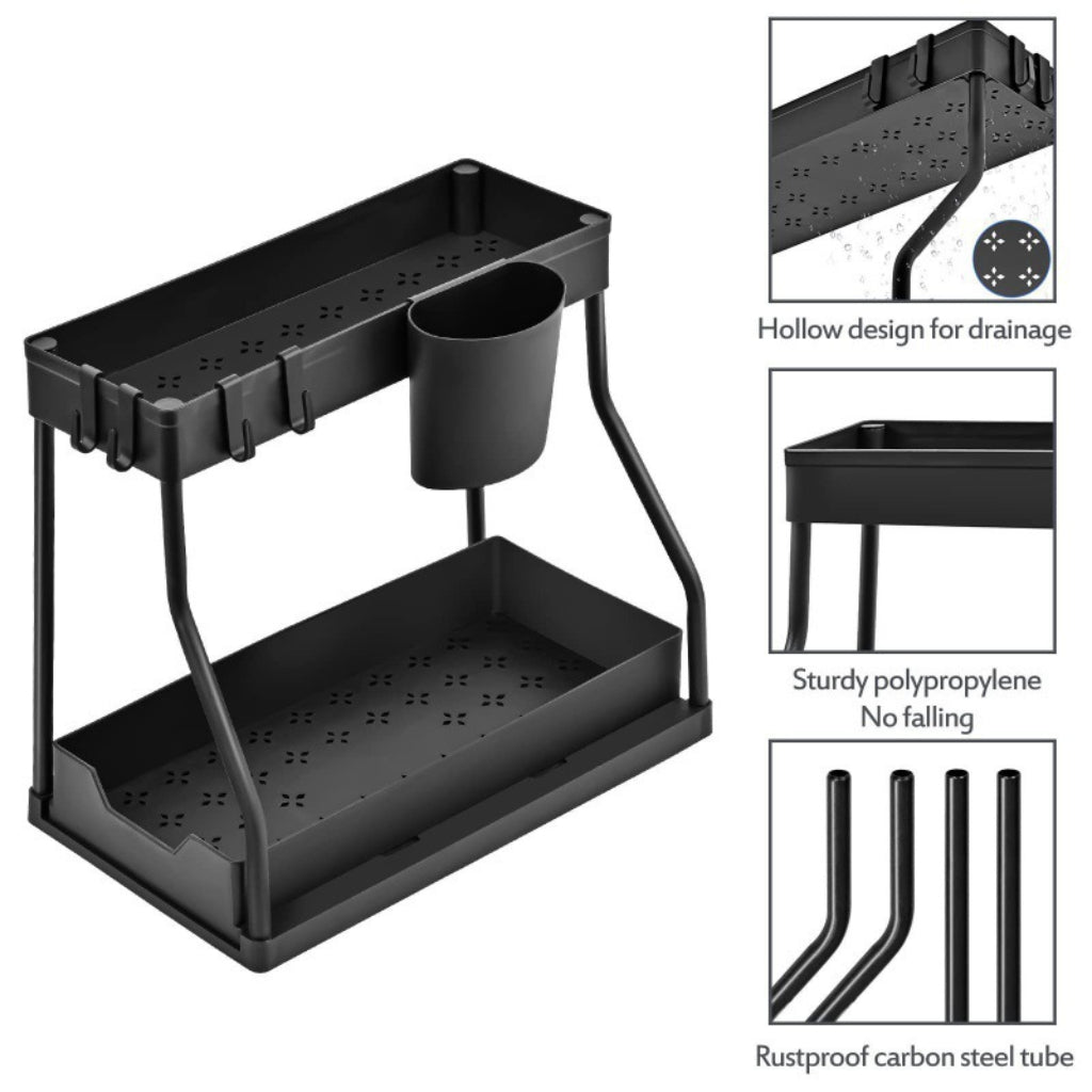 Organisateur de Rangement Multifonction 2 Niveaux – Support Polyvalent avec Crochets et Porte-Ustensiles – Noir