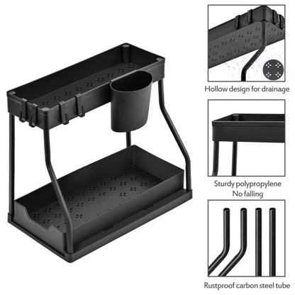 Organisateur de Rangement Multifonction 2 Niveaux – Support Polyvalent avec Crochets et Porte-Ustensiles – Noir