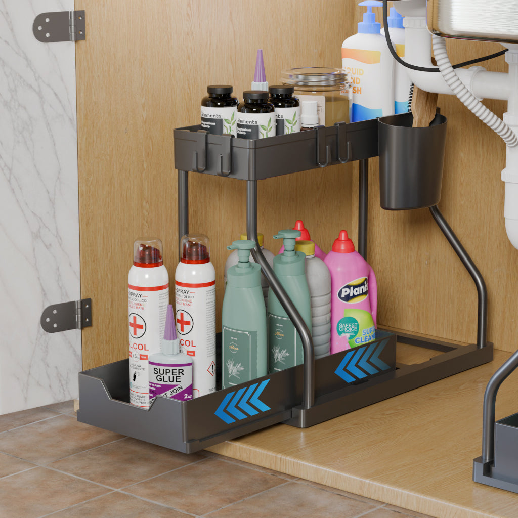 Organisateur de Rangement Multifonction 2 Niveaux – Support Polyvalent avec Crochets et Porte-Ustensiles – Noir