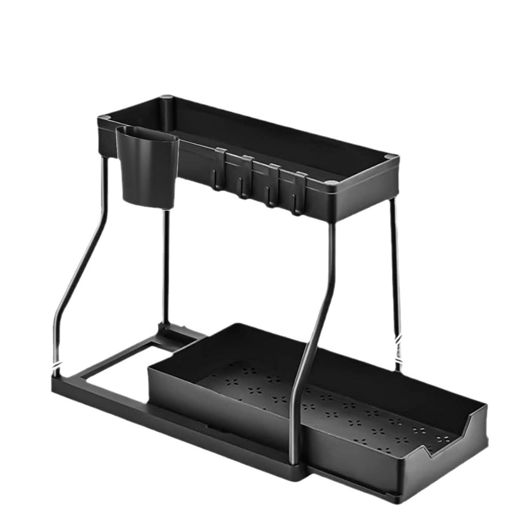 Organisateur de Rangement Multifonction 2 Niveaux – Support Polyvalent avec Crochets et Porte-Ustensiles – Noir