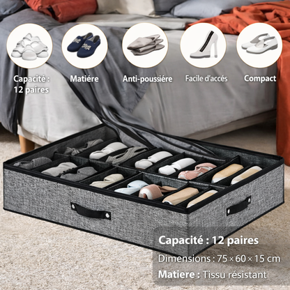 Organiseur de Chaussures Sous Lit 12 Paires – Boîte de Rangement avec Couvercle Transparent 75 × 60 × 15 cm